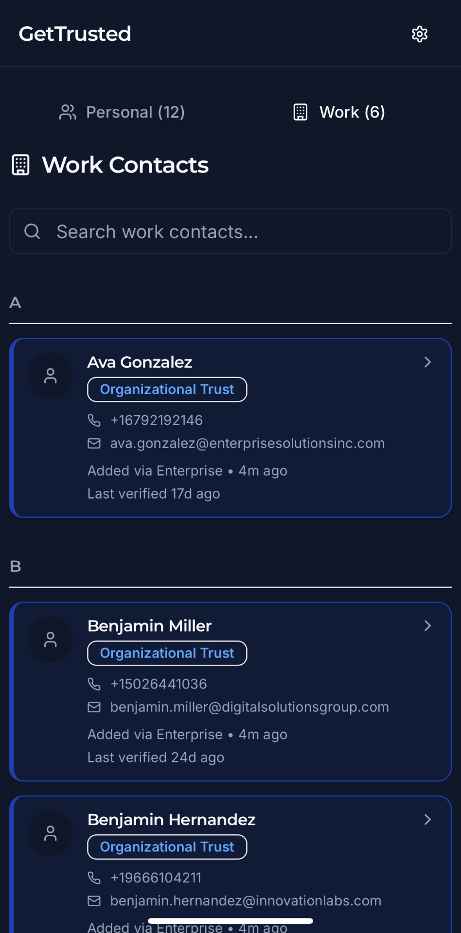 GetTrusted business app displaying enterprise work contacts with organizational trust verification for secure business communications